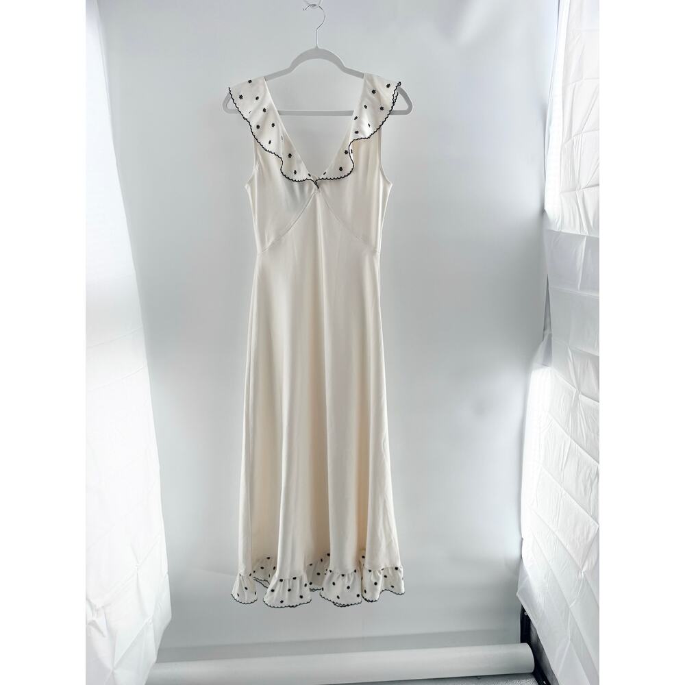 NWT Caroline Constas Arleen Embroidered Satin Maxi Dress with Ruffles Cream S - Picture 3 of 5